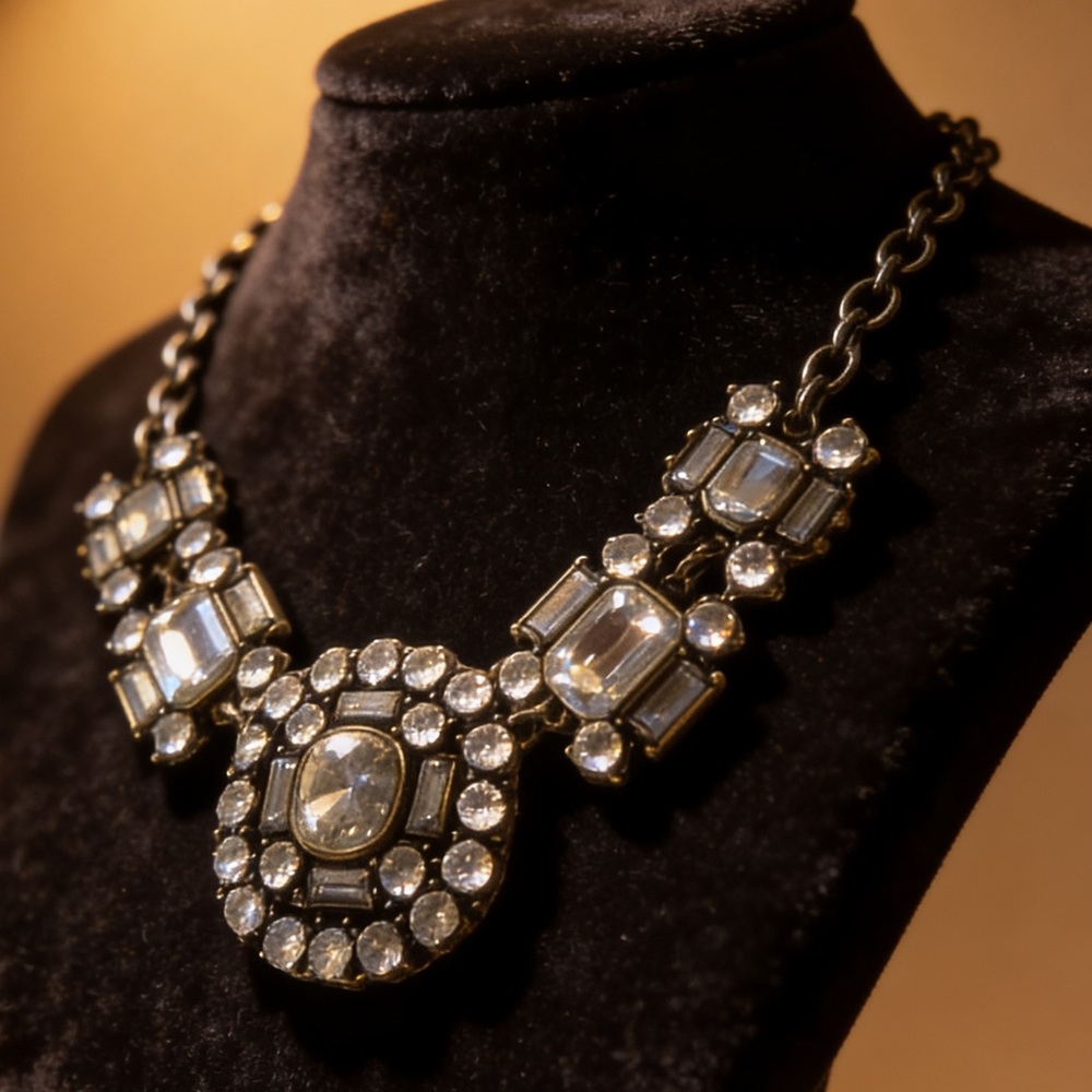 Crystal Statement Necklace in Clear and Antique Gold
